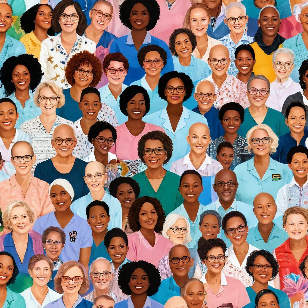 A collage that illustrates a diverse group of cancer survivors sharing their stories, intertwined with visuals of clinical trial research. Feature a vibrant community setting where individuals of different ages and backgrounds connect and support each other, with uplifting and hopeful expressions. Include elements like medical charts, support group meetings, and symbols of hope like ribbons and hearts. super-realistic. vibrant colors. warm background.