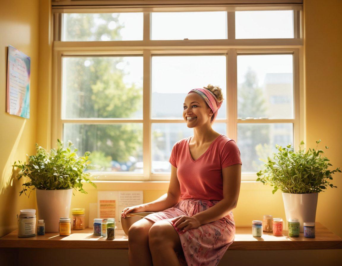 A courageous cancer survivor with a bright smile sitting in a sunlit hospital room, surrounded by colorful wellness items like herbal tea, inspirational quotes on the walls, and a support network of family and friends holding hands. The atmosphere exudes hope and positivity, with gentle sunlight streaming through the window. A ribbon symbolizing cancer awareness is thoughtfully placed in the scene. super-realistic. vibrant colors. warm tones.