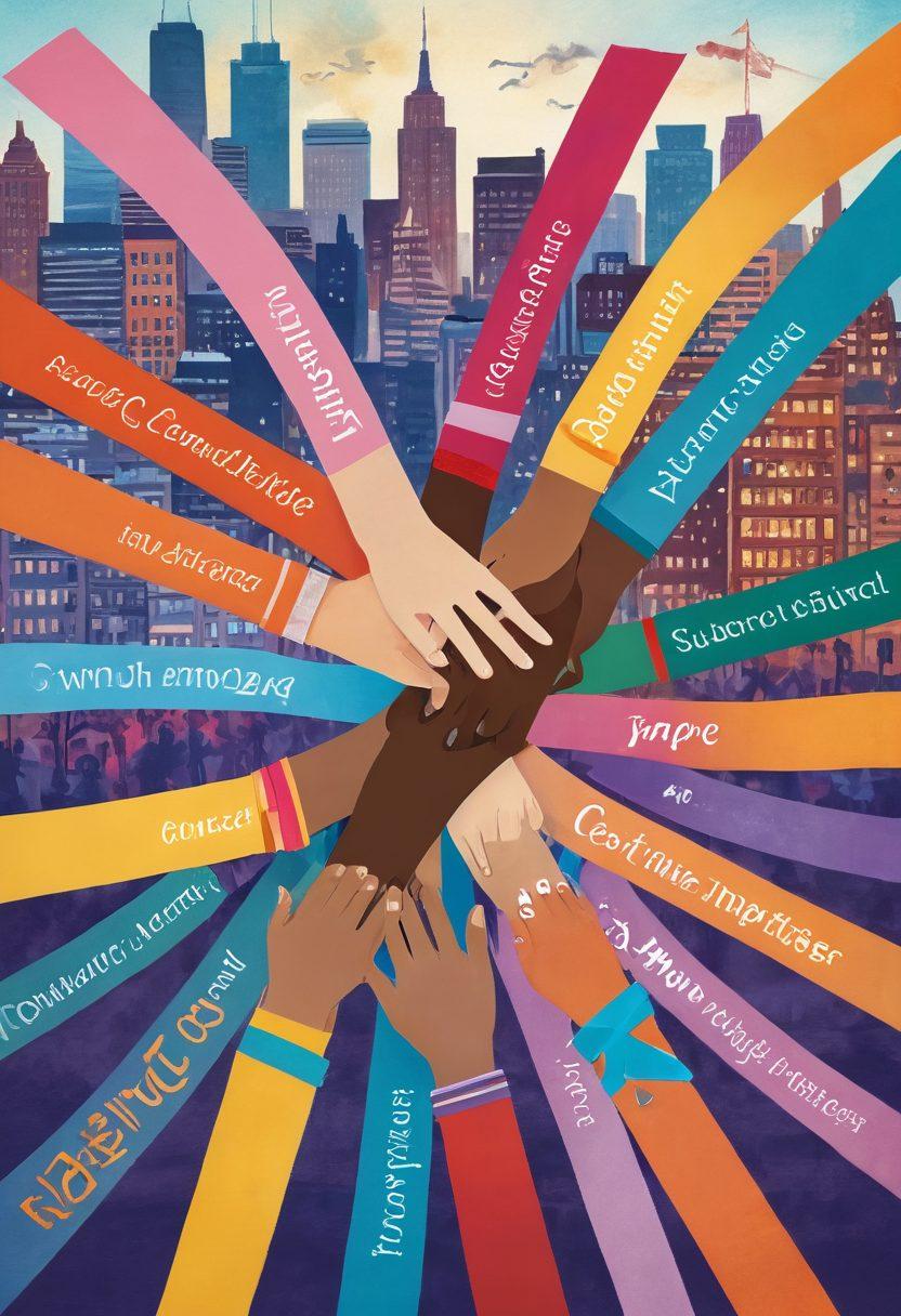 A powerful illustration depicting a diverse group of individuals united in a circle, holding hands, with colorful ribbons representing different types of cancer. In the background, a vibrant city skyline symbolizes hope and community. Include uplifting phrases like 'Empower Change' and 'Advocate for Patients' subtly in the design. The overall mood should be inspiring and positive. super-realistic. vibrant colors. soft focus.